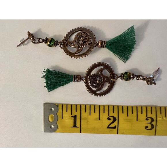Vintage Bronzy Cooper Tone Color Steampunk Cogs Green Tassel Dangle Earrings NEW - Picture 4 of 4